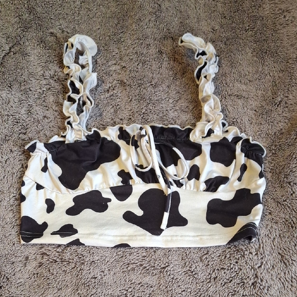 🐮 Comfy Black & White Cow Print Frilly Crop Top Womens S Juniors M
